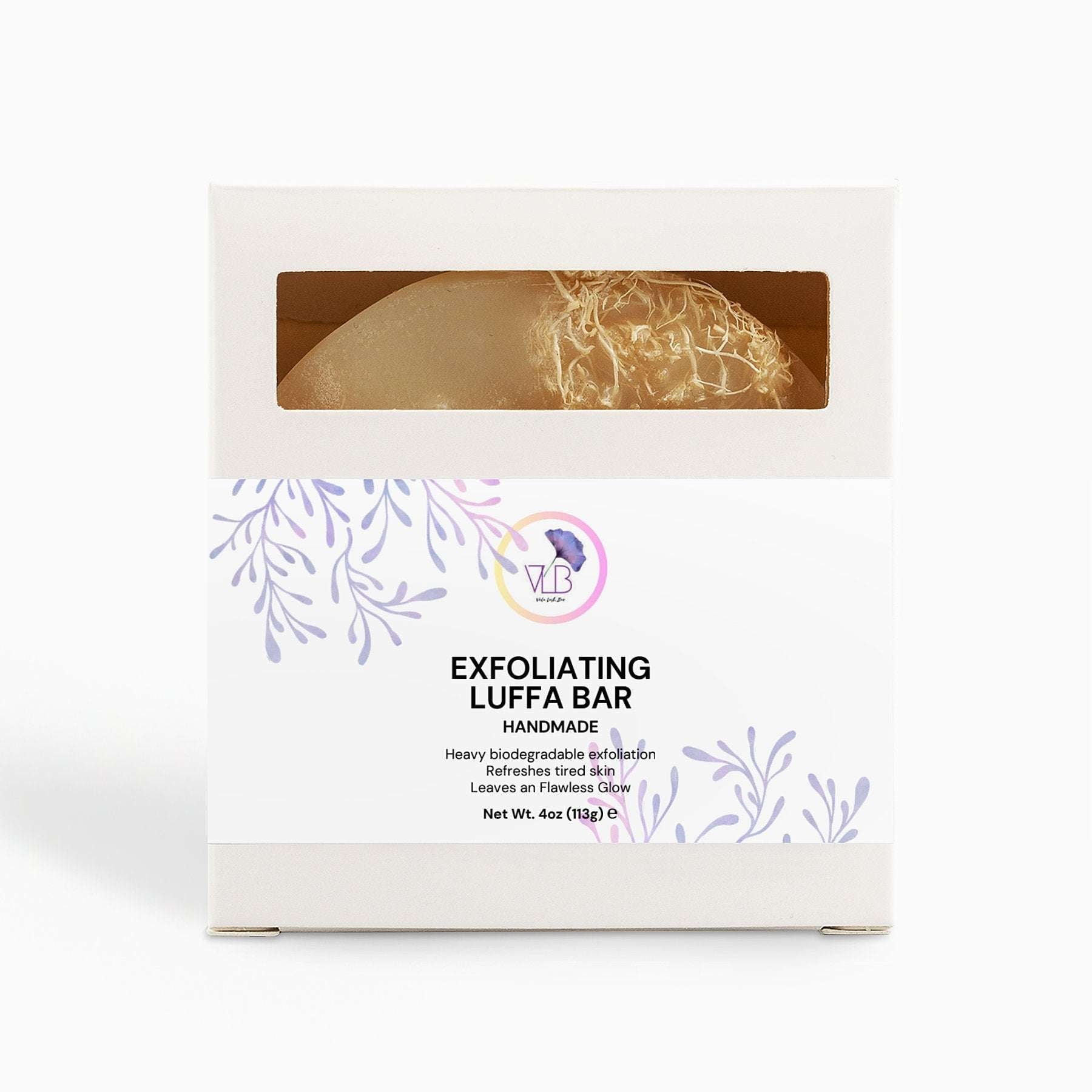 Exfoliating Luffa Bar in packaging, handmade for personalized skincare, 4 oz.