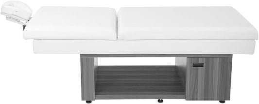 White SKINACT Murade Massage Table with reclinable backrest and storage.