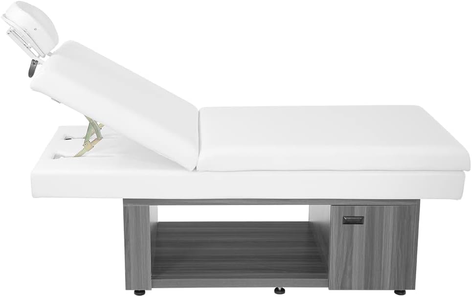 SKINACT Murade Massage Table in white with reclinable backrest and storage.