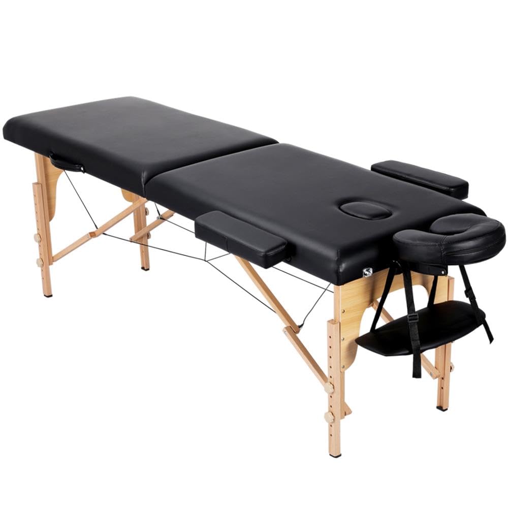 Yaheetech black portable massage table with adjustable headrest and ergonomic design.