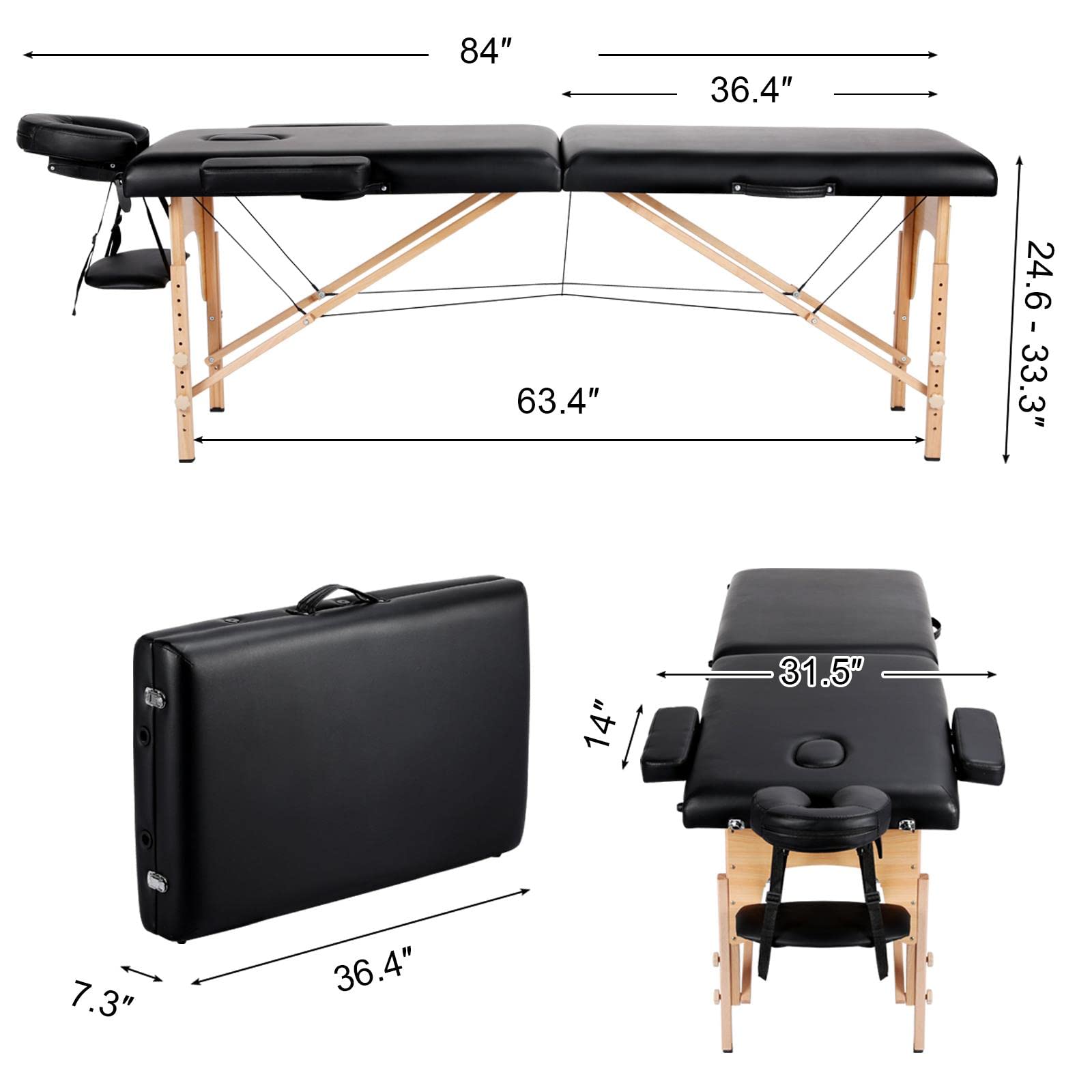 Yaheetech black portable massage table with adjustable headrest and ergonomic design, showing dimensions and foldable feature.