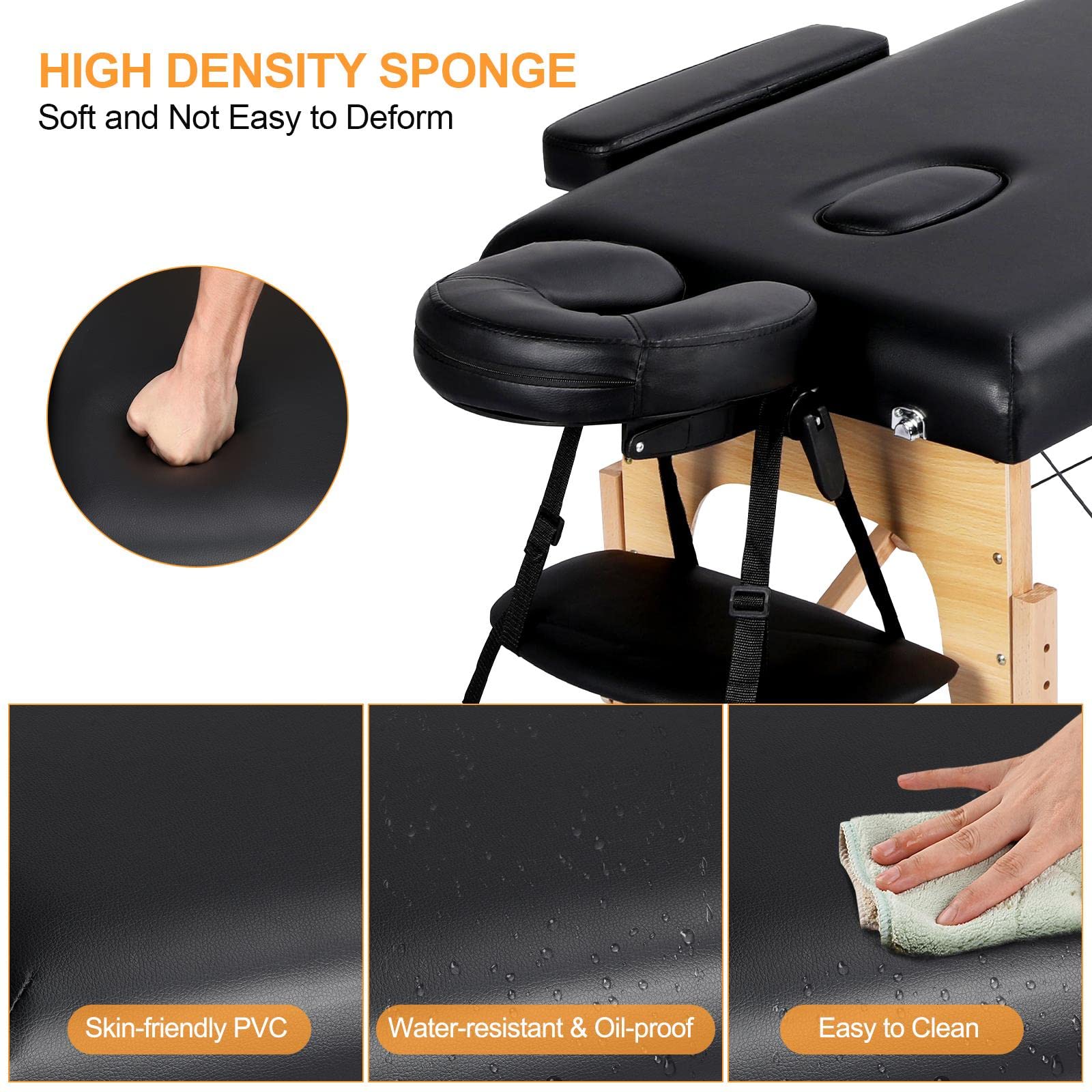 Portable black Yaheetech massage table with adjustable headrest and ergonomic design for estheticians and therapists.