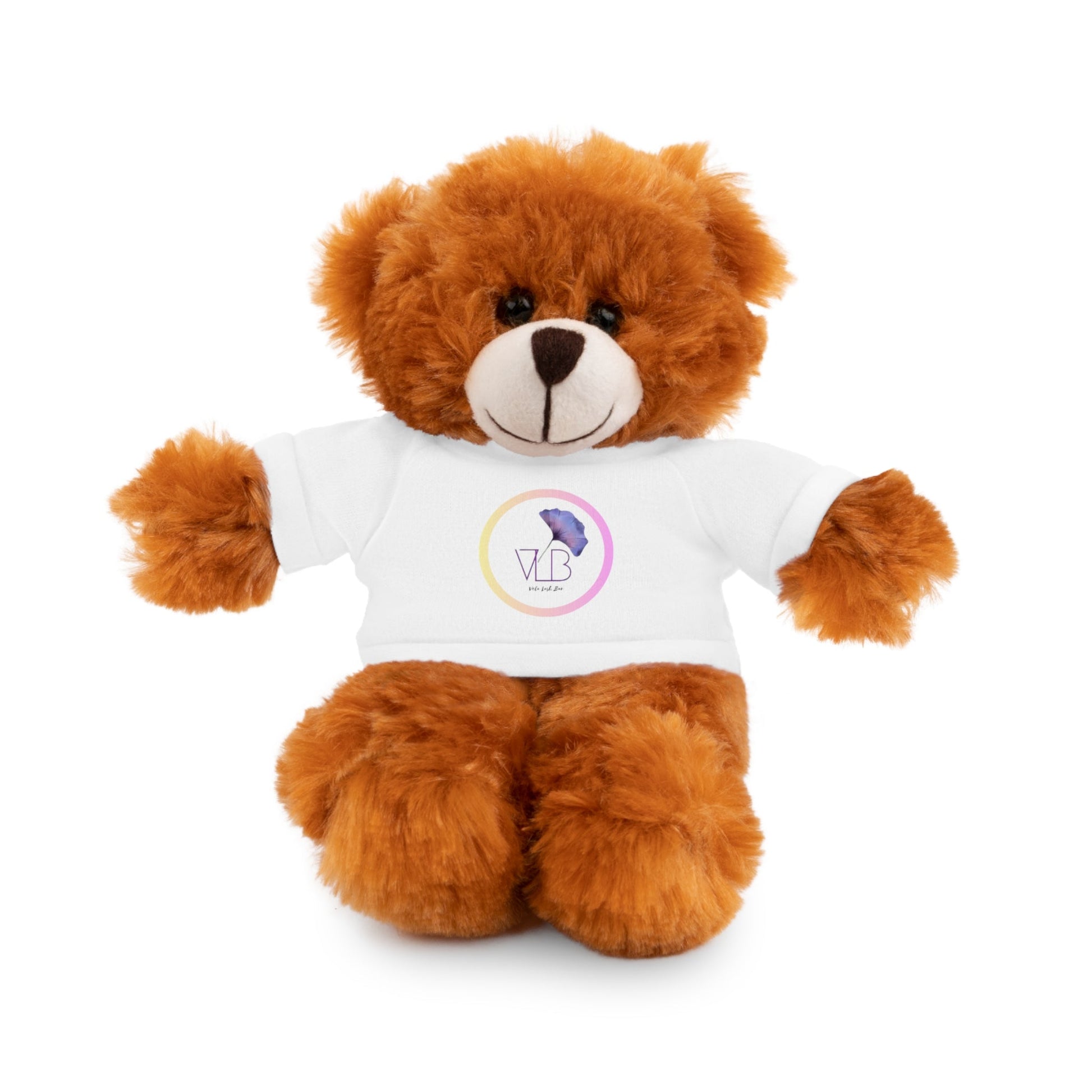 Stuffed bear with customizable Vela mascots tee, polyester and plastic pellet stuffing.