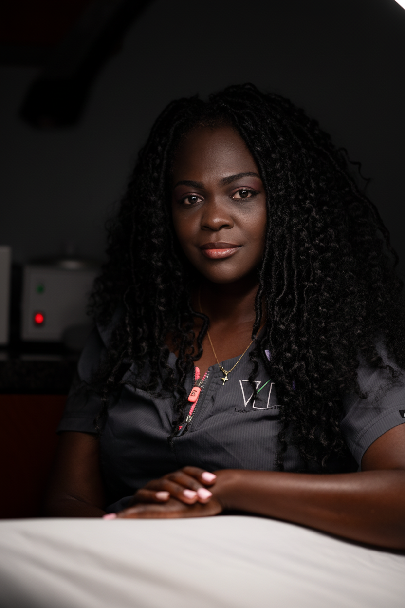 A woman with long, curly black hair sits at a table wearing dark gray medical scrubs with a silver 'VJ' logo on the chest. The background is very dark, with a bright ring light visible in the upper right corner.