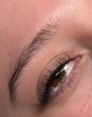 Close-up of a person's eye area showing a classic lash set with long, dark, curled eyelashes and defined eyebrows, with the text 'Classic Lash Set' at the top.